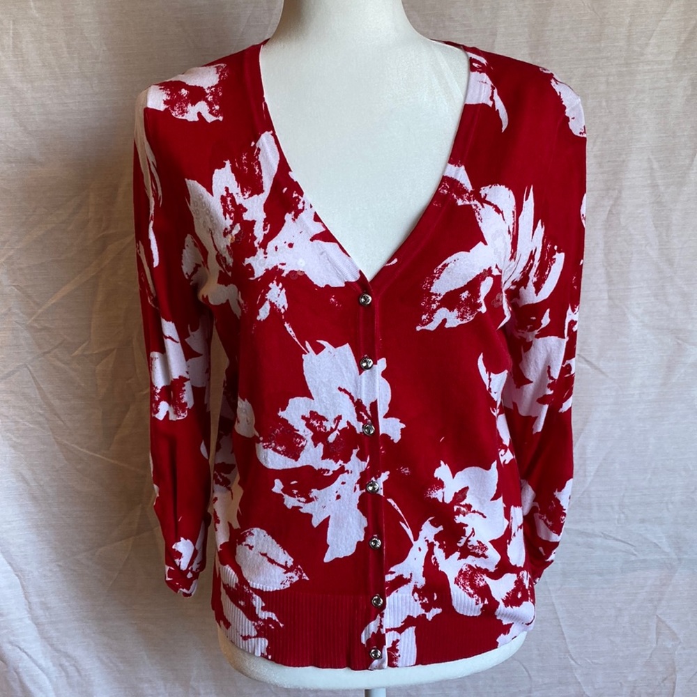 INC Floral Red/White Cardigan; Clear sequins; crystal buttons; 3/4 sleeves. SZ M